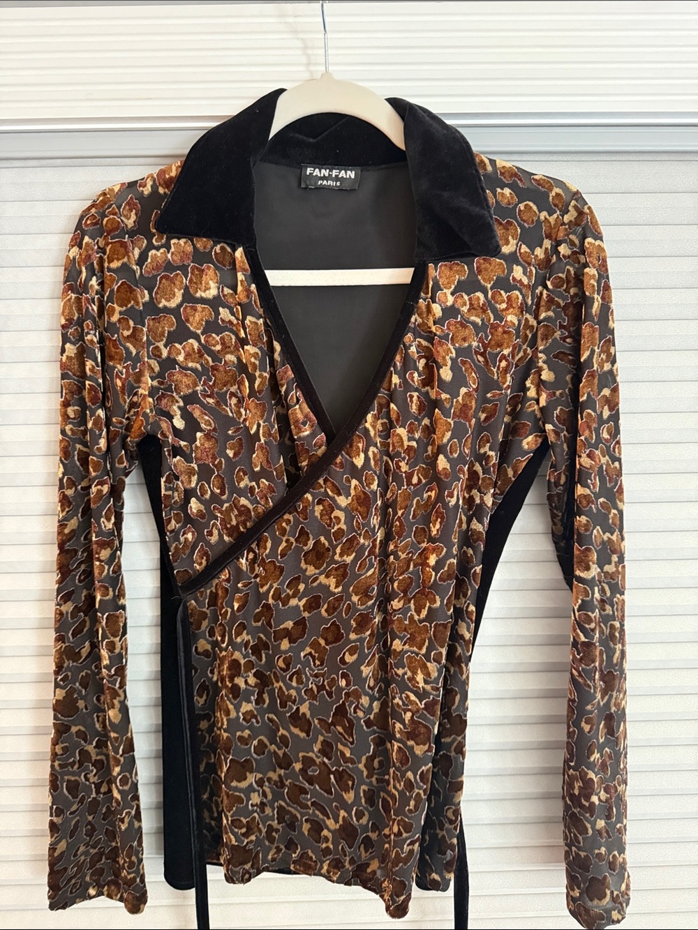 Brown Leopard Velvet-Trim Wrap Blouse